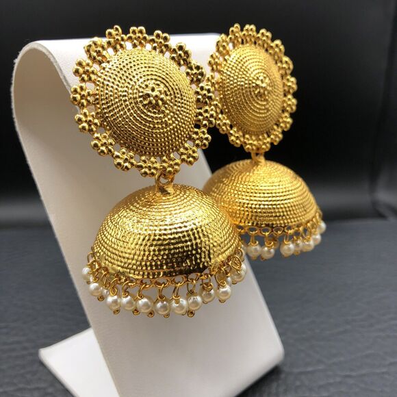 Jhumka Chandelier Earrings Bollywood Faux Pearls Gold Tone Domes - Picture 2 of 6